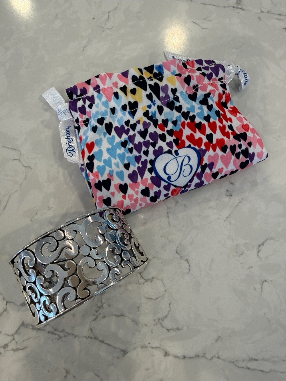 Brighton Silver Filigree Cuff Bracelet with Multicolor Heart Pouch